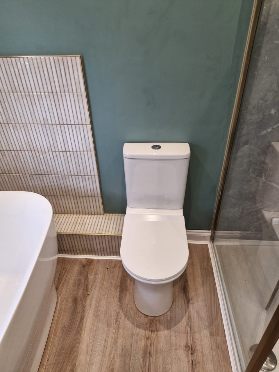 A white back-to-wall toilet against a teal-painted wall, with a wood-look floor and a glass shower screen to the right.