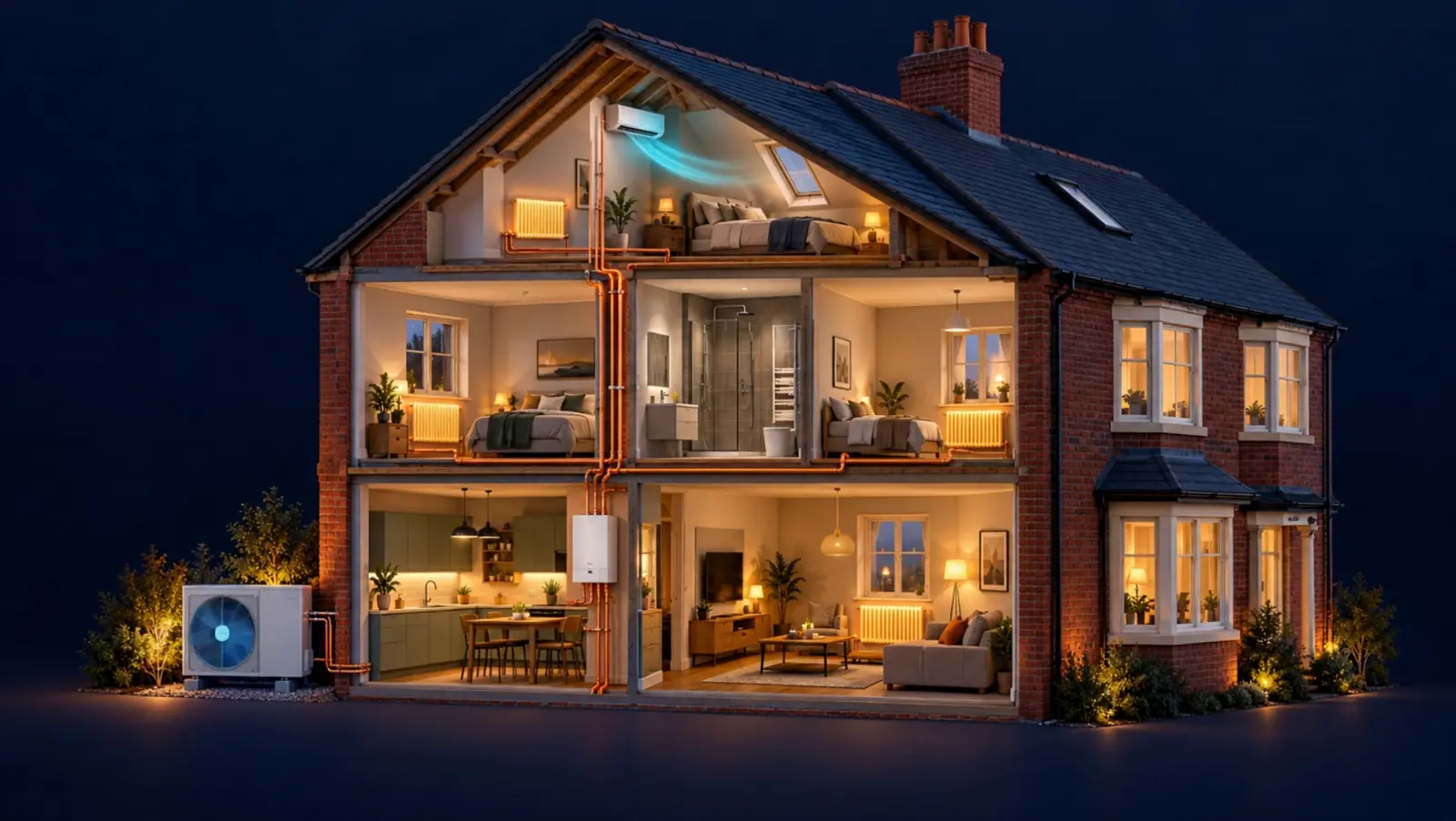 Illustration: cutaway of a brick semi at night, showing a boiler and radiators, an air source heat pump, loft air conditioning and a bathroom.